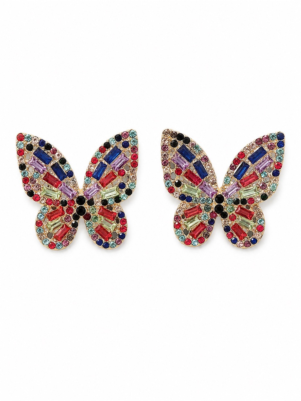 Multicolor Rhinestone Butterfly Earrings – Gold Tone‎ Statement Studs